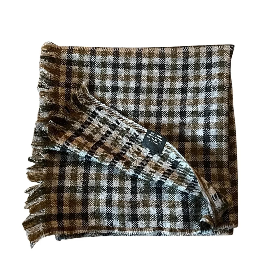 Pronto Uomo Fine 100% Wool Thin Plaid Check Scarf, Gray Brown & Blue